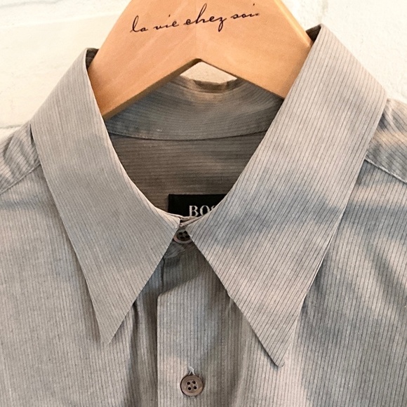 Hugo Boss Men Button down Shirt Designer Luxury Gray Pinstripes L 15.5 - Picture 3 of 13